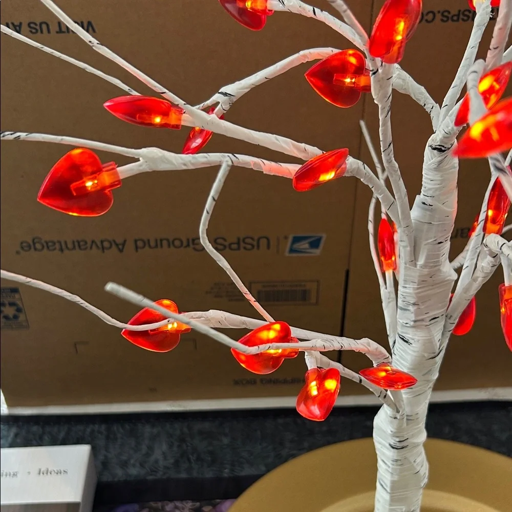 Illuminated Faux Birch Tree with or without Vibrant Red Hearts;Battery Operated